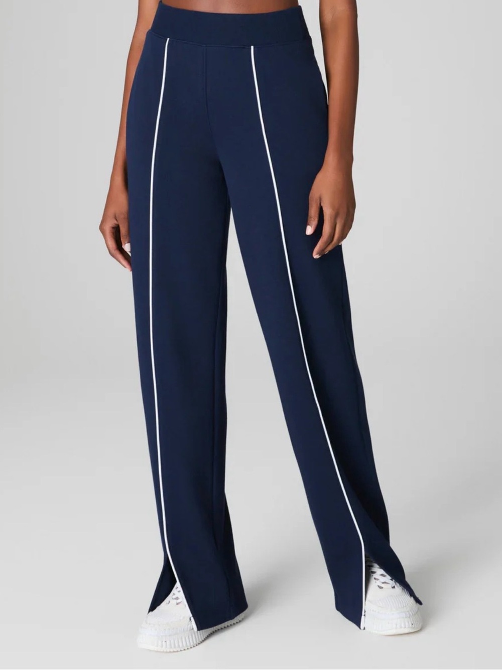 SPANX AirEssentials Pique Straight Leg Pant Timeless Navy Blue with Side Stripe